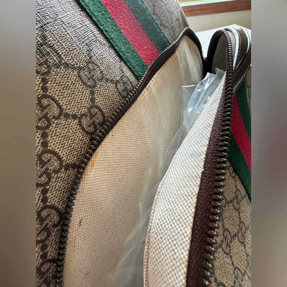 Gucci Beige GG Canvas Backpack with Brown Leather and Red/Green Web